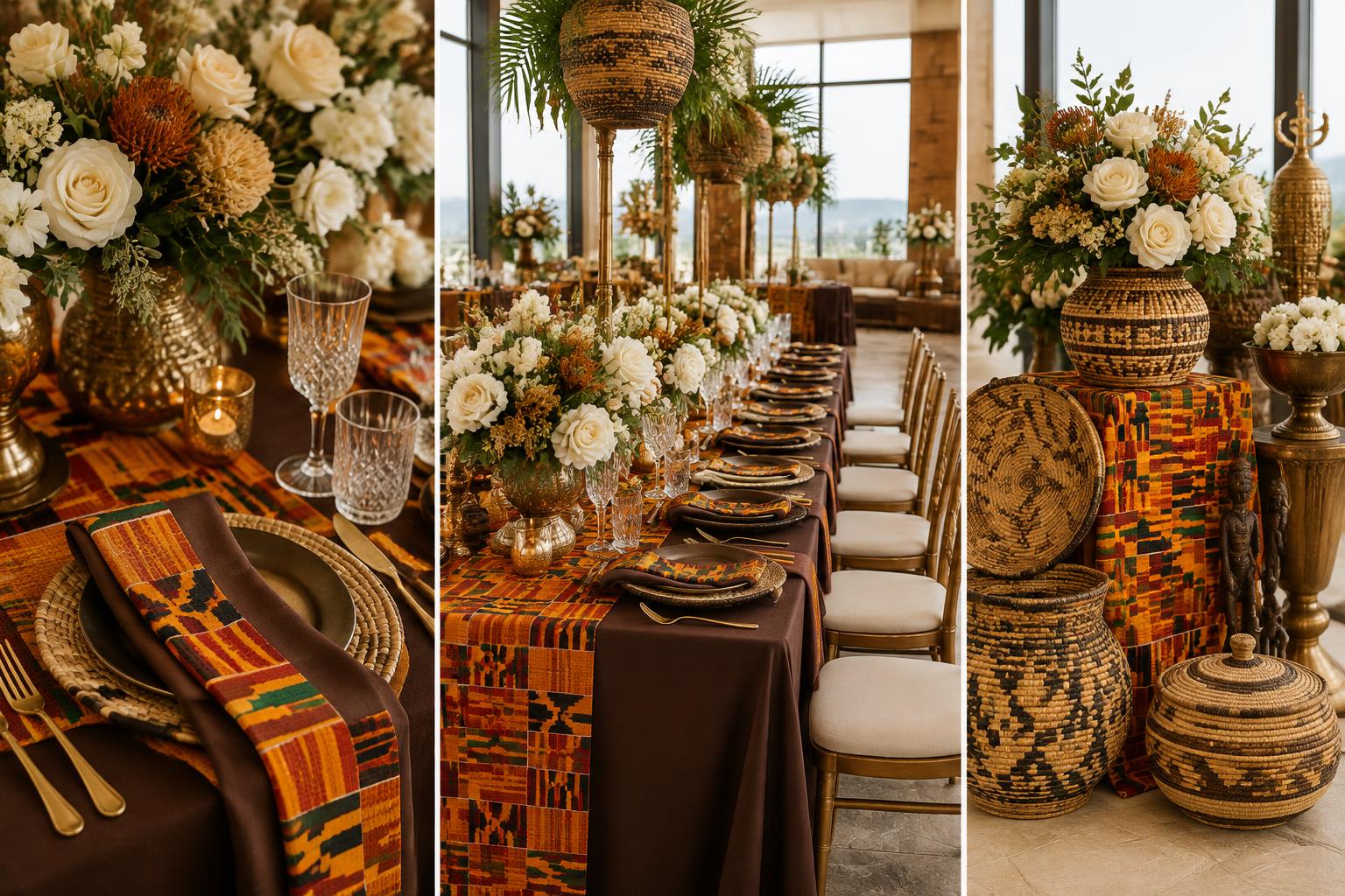 Illustrative Akan wedding tablescape with kente and ivory flowers